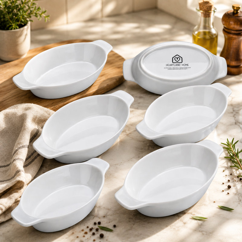 Porcelain Au Gratin Dish Set – Oval Mini Casserole Baking Dishes, Oven Safe, White, 6 Piece