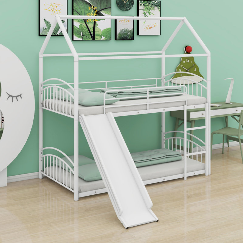 Lit superposé en métal avec glissade, lit pour enfant, Blanc