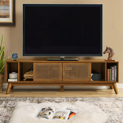 Mid Century Modern Rattan TV Stand With Storage, Solid Wood Feet, For Tvs Up To 75 Inches, Light Walnut Finish