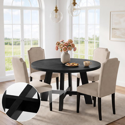 Table de salle à manger ronde de 120 cm (47 po) pour 4 à 6 personnes, style ferme moderne, en bois d'ingénierie, piètement croisé, table seule.