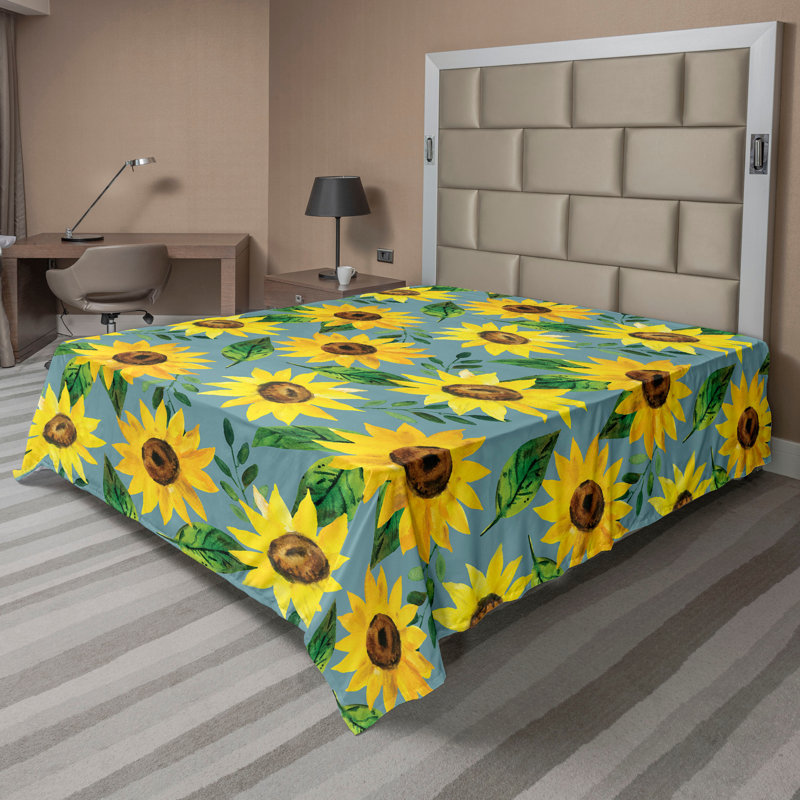Drap plat Ambesonne, nature, tournesols, aquarelle, terre jaune, forêt, vert, Drap plat grand