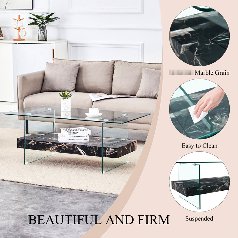 Modern 43.3" Coffee Table, Clear Glass & Black Marble, Abundant Storage Options, Transparent Stable Legs 43.3 Inch, Marble Appearance, Glass, Practical