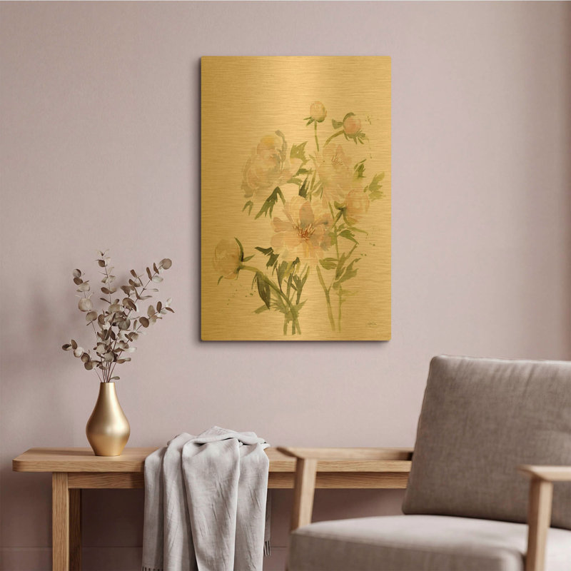 «Peony II» par Katrina Pete, art mural en métal doré, 16 po x 24 po, 16 po x 24 po