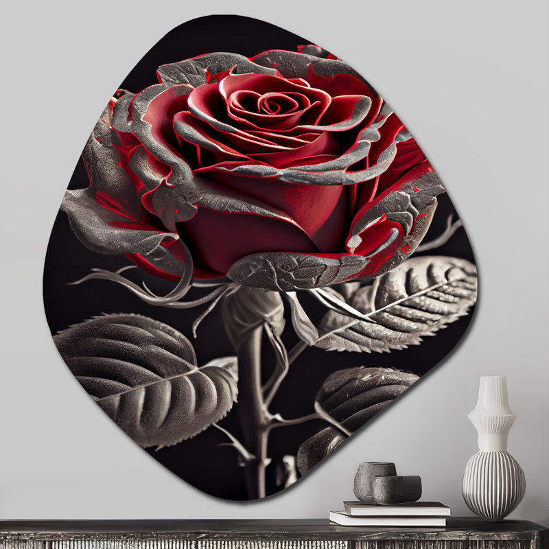 «Blossoming Rose» en rouge et gris I - art mural asymétrique en forme de nébuleuse florale, H 28 po x l 25 po