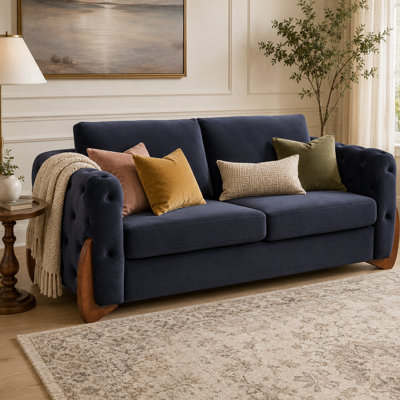 Velmirest 84" Classic Velvet 3-Seater Sofa, Button-Tufted Curved Arms with Cat-Ear Rubberwood Legs, Medium-Soft Foam and Spring Cushions, Two Removable Back Cushions