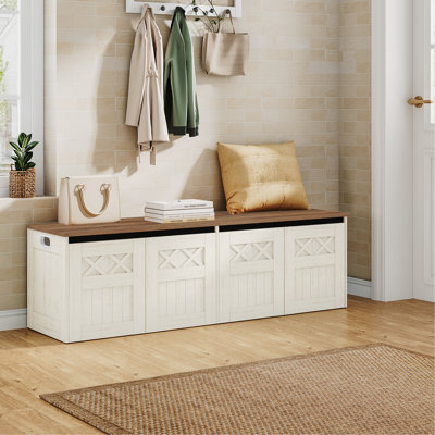 Coffre de rangement 59,1 po, grand banc de rangement avec 2 charnières, banc en bois de style campagnard, coffre de rangement à plateau relevable, banc de bout de lit en bois, convient pour le vestibule, la chambre à coucher, blanc rétro