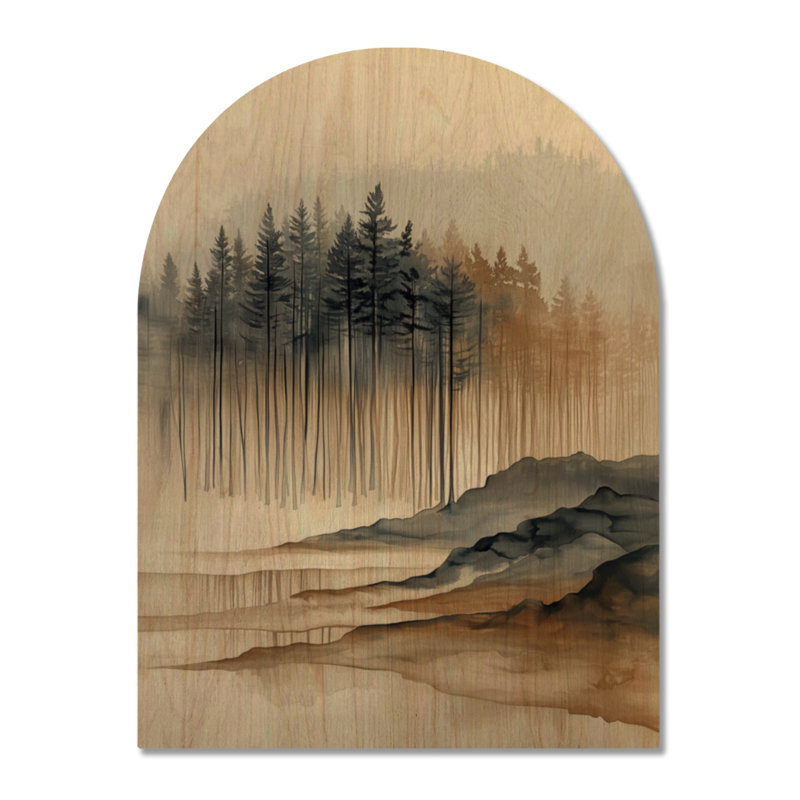 Forêt brumeuse de conifères I - Décoration murale en bois arqué avec des pins, H 24 po x l 18 po, Arche