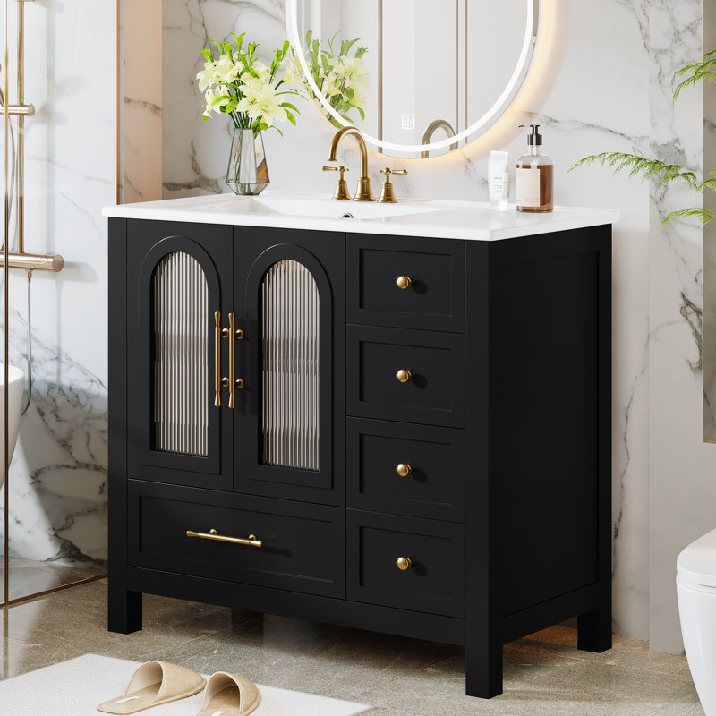 Meuble-lavabo noir de 91 cm (36 po) avec lavabo en céramique intégré – Armoire à portes vitrées cannelées verticales