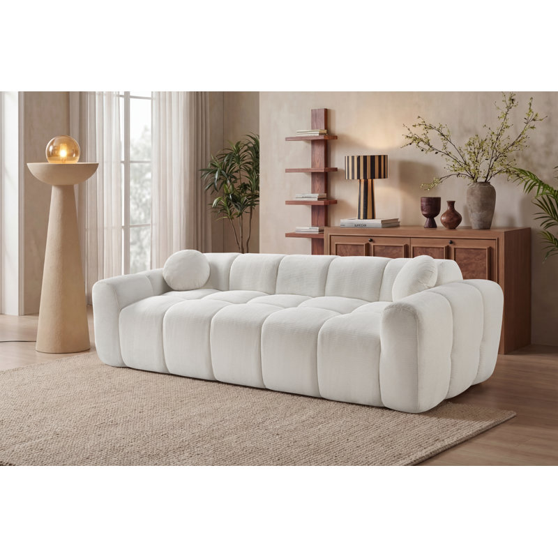Canapé 98,4 po à 3 places en compression Corduroy, causeuse entièrement sous vide avec 2 coussins ronds, aucun assemblage requis, rebond rapide de 72 heures pour le salon et l’appartement