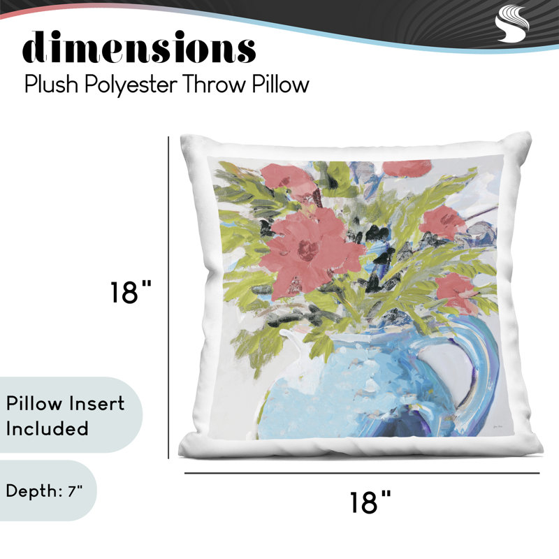 Coussin décoratif imprimé roses roses dans un vase bleu, design par Jane Slivka, 18 x 7 x 18