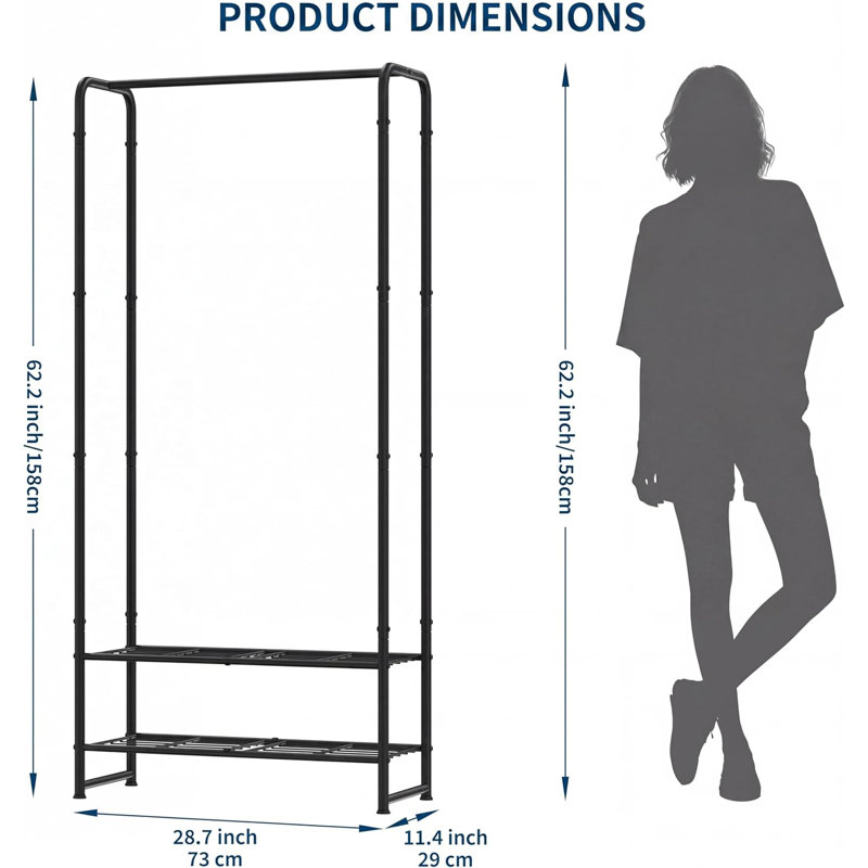 2-in-1 Freestanding Metal Clothes Rack With Storage Shelves, Portable Black Garment Rack Heavy Duty Hanging Clothing Organizer For Bedroom Entryway Dorm Apartment