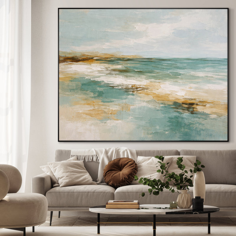 Très grande reproduction d'art sur toile - Paysage marin abstrait bleu sarcelle avec sable et ciel pour le salon - "Assemblage requis du cadre (cadre non fini)"