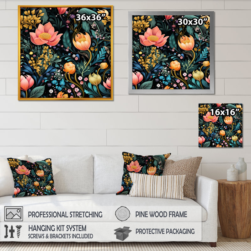 Cristal fleuri motif floral IV - Art mural floral, H 16 po x l 16 po x P 1 po, Toile tendue