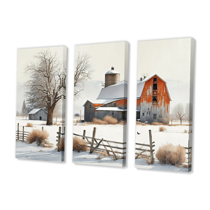 Red Barn Scenery In Winter I " Red Barn Scenery In Winter I " 3 - Pieces, 32" H x 48" W x 1" D, Wrapped Canvas