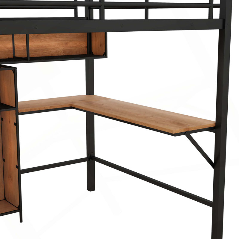 Lit mezzanine double en métal et en bois avec bureau en L et tablettes