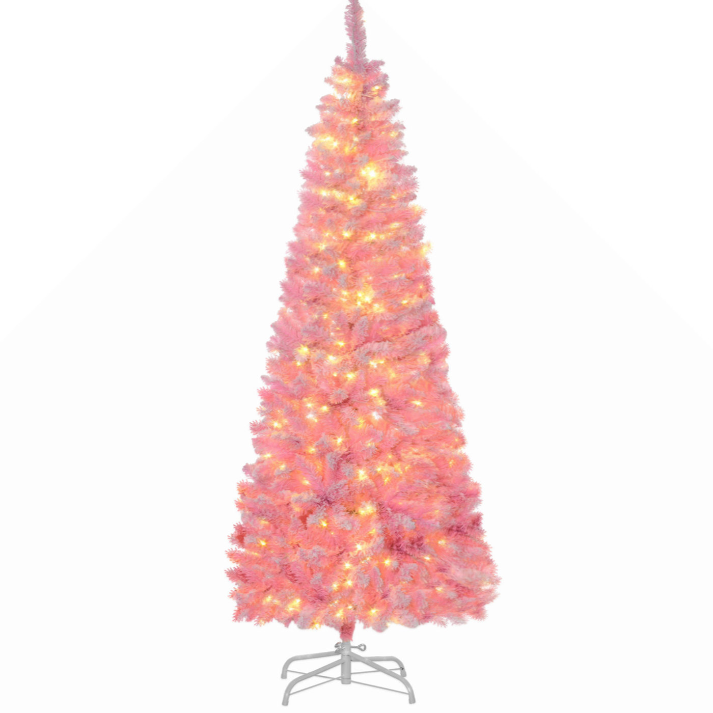 HOMCOM 6ft Prelit Snow Flocked Artificial Christmas Tree with Pencil Shape, Pine Realistic Branches, Warm White LED lights, Auto Open, Pink and White