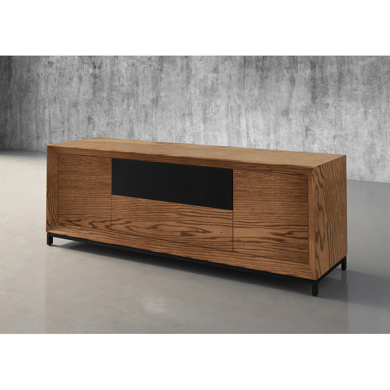 Console média en chêne rouge Furnitech Rafaela de 86 po au fini miel avec portes en bois, tablettes réglables, tiroir de rangement multimédia, panneaux arrière amovibles et gestion interne des câbles