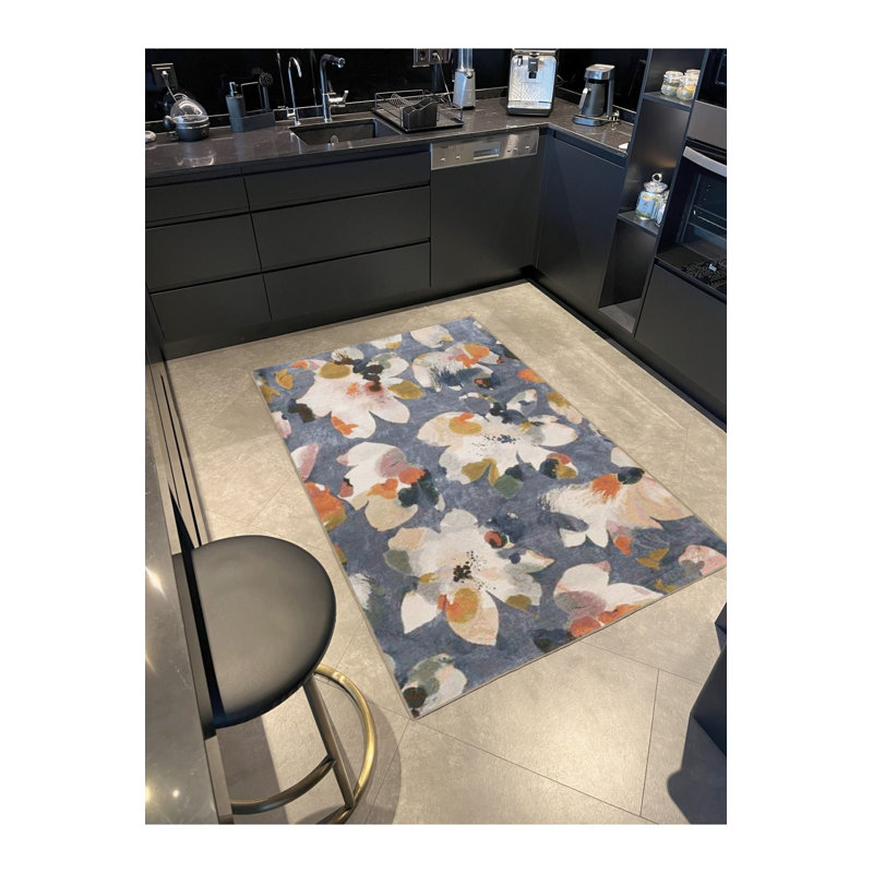 Tapis décoratif multicolore à motif floral et lavable à la machine, Carré 3 pi 3 po