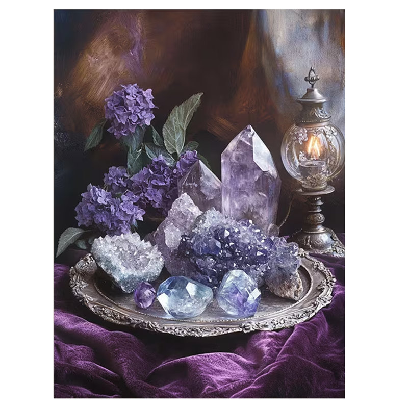 40*30,1pc with frame --Mysterious Purple Crystal Crystal Decorative Theme Canvas Wall Art Framed Painting Clearance Sale, 2D Flat, Suitable for Easter, Mother's Day, Mardi Gras.
