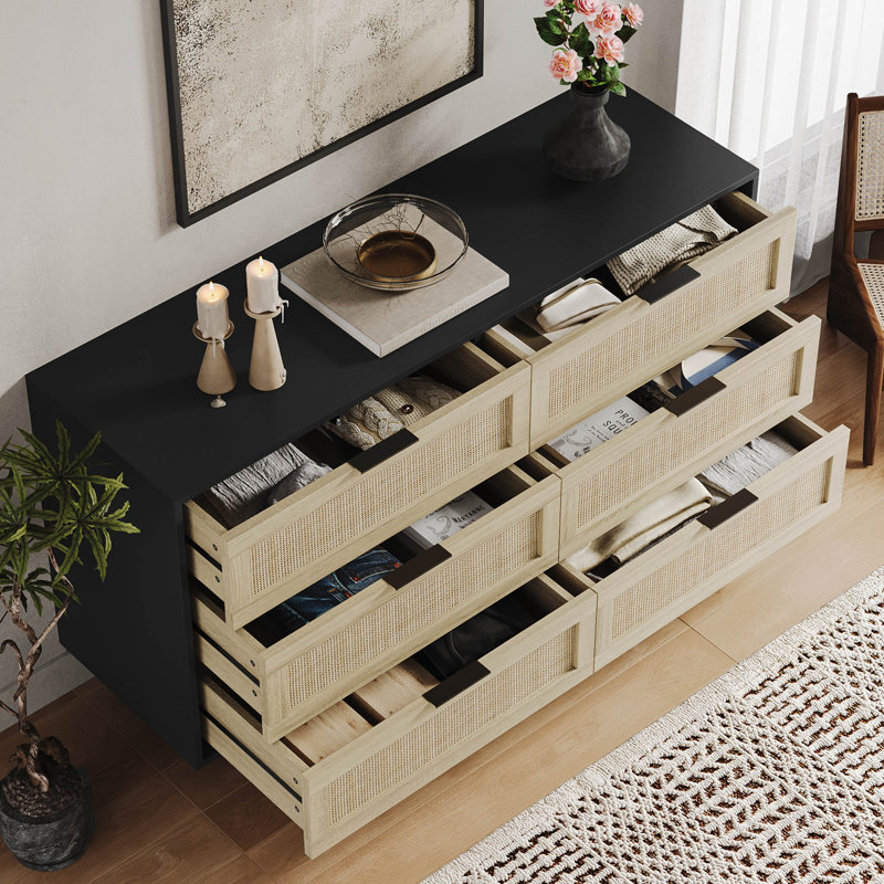 Ensemble de chambre à coucher 3 pièces, commode 6 tiroirs et table de chevet 51 po Aimara, Noir
