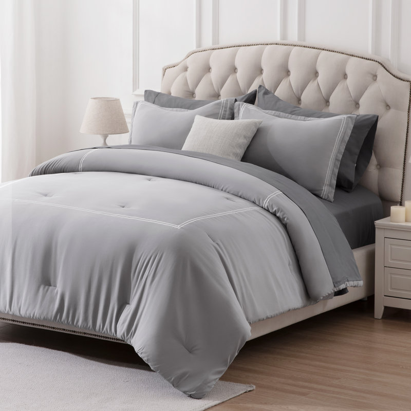 Comforter Set, King Comforter + 2 King Shams, Gray/White Striped