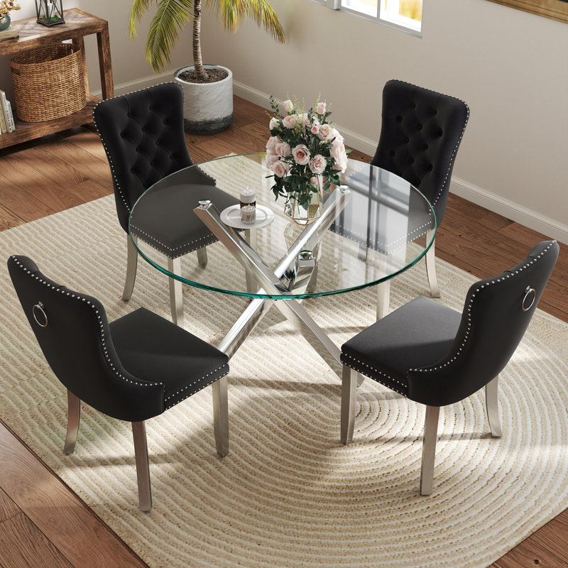 5-Piece Round Glass Dining Table Set, 29.5"H x 39"L x 39"W, Silver, Black/Silver