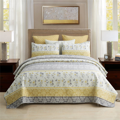 Ensemble de courtepointe réversible en microfibre à motif floral gris / jaune JML 3 pièces