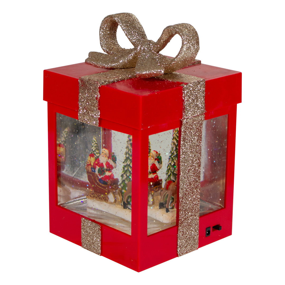 7" Lighted Red Gift Box Christmas Snow Globe with Santa and Reindeer Northlight Seasonal