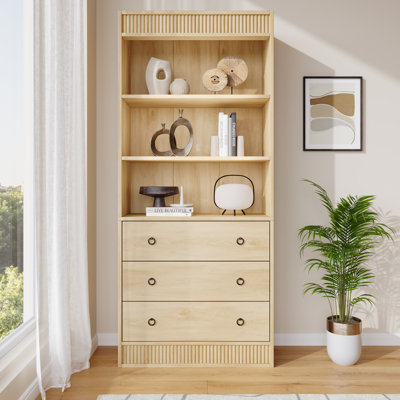 Bibliothèque cannelée moderne avec tiroirs - bibliothèque en bois clair de 6 niveaux, tablettes ouvertes de conception ondulée et armoire de rangement spacieuse, étagère de présentation autoportante en bois pour le salon, la salle à manger ou le bureau, couleur bois, 80 Double Wave