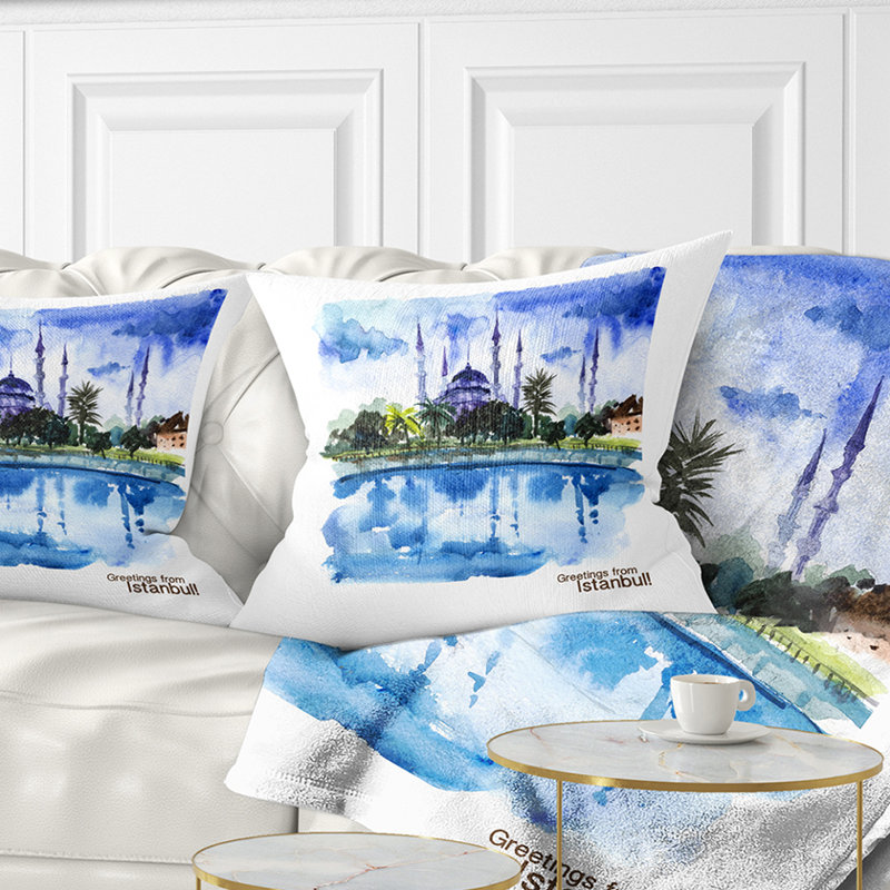 Coussin imprimé à la main - paysage urbain imprimé à la main Istanbul, 18 po x 18 po, Oreiller européen