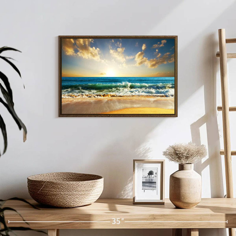 Coucher de soleil sur l'océan, 19 po x 13 po, Cadre flottant noyer