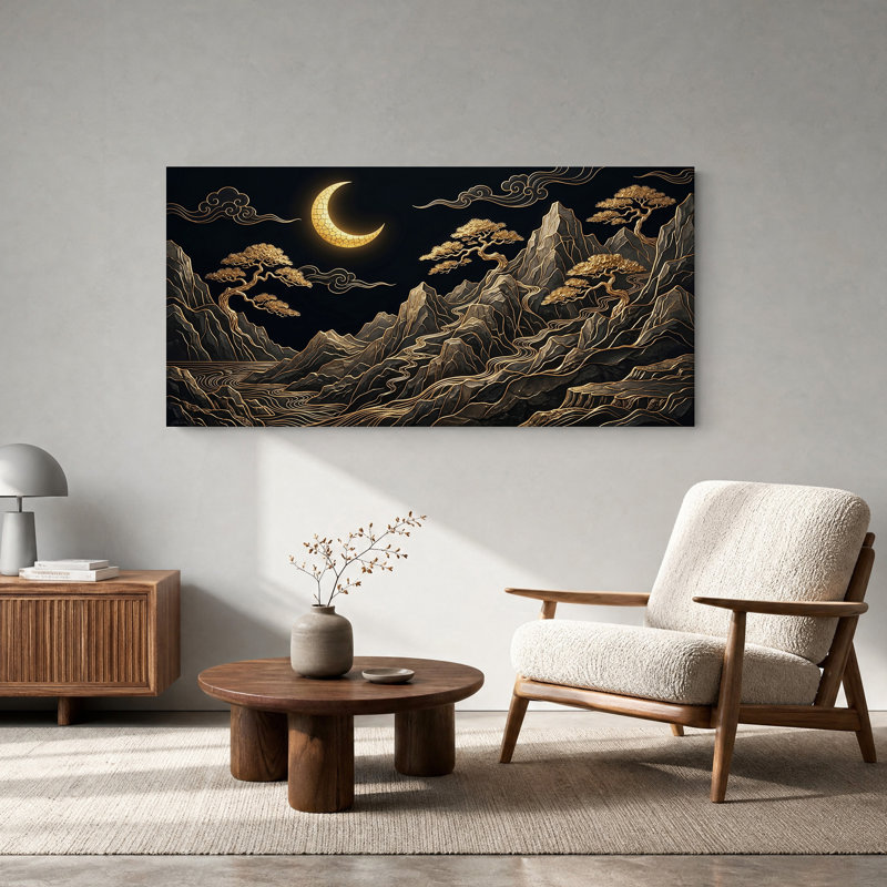 «Black and Gold Mountain Landscape with Pine Trees», art mural sur toile, 40“W x 20”H