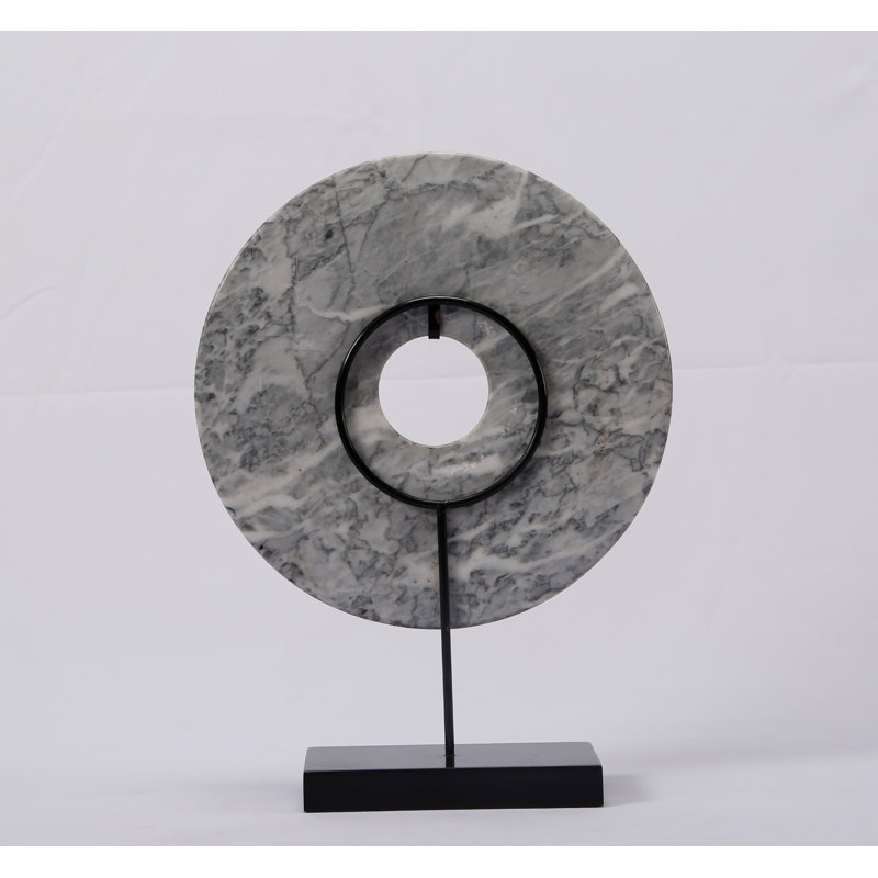Jade Disk Sculpture with Base, 16" H x 2" W x 12" D, Marble Black