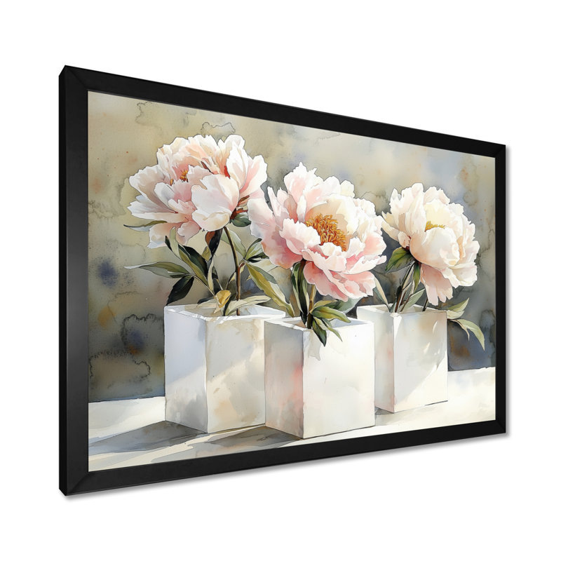 Minimal pivoines dans des cubes blancs I - pivoines, art mural pour le salon, H 12 po x l 20 po, Cadre simple noir
