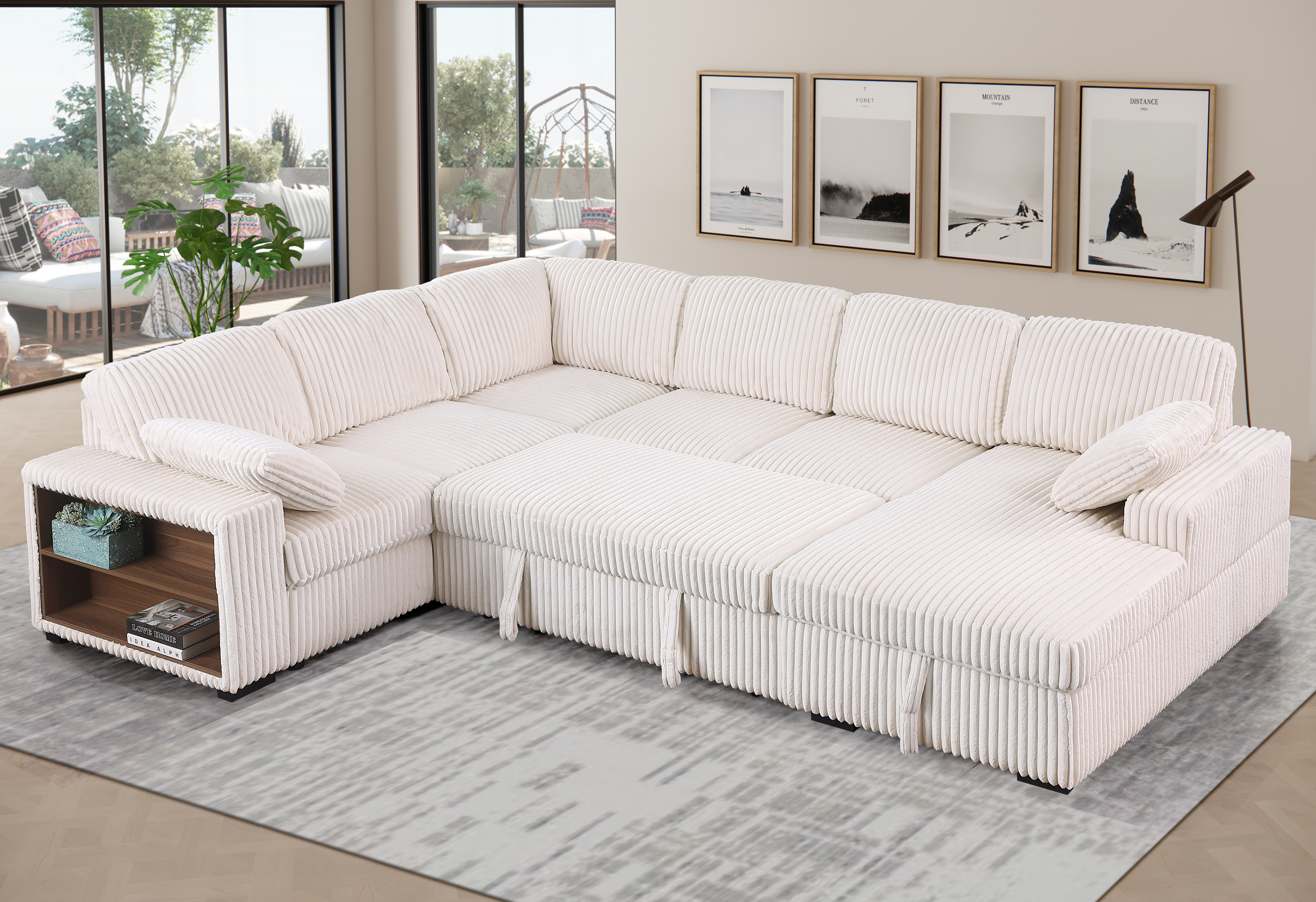 Latitude Run Shariff U-Shaped Corduroy Sectional Sofa with Pull-Out Bed, Storage Chaise Lounge & Open-Storage Armrest