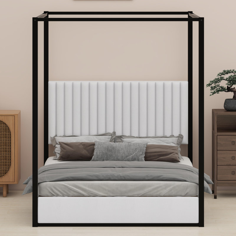 Elevated Canopy Platform Bed with Headboard and Structural Frame, White