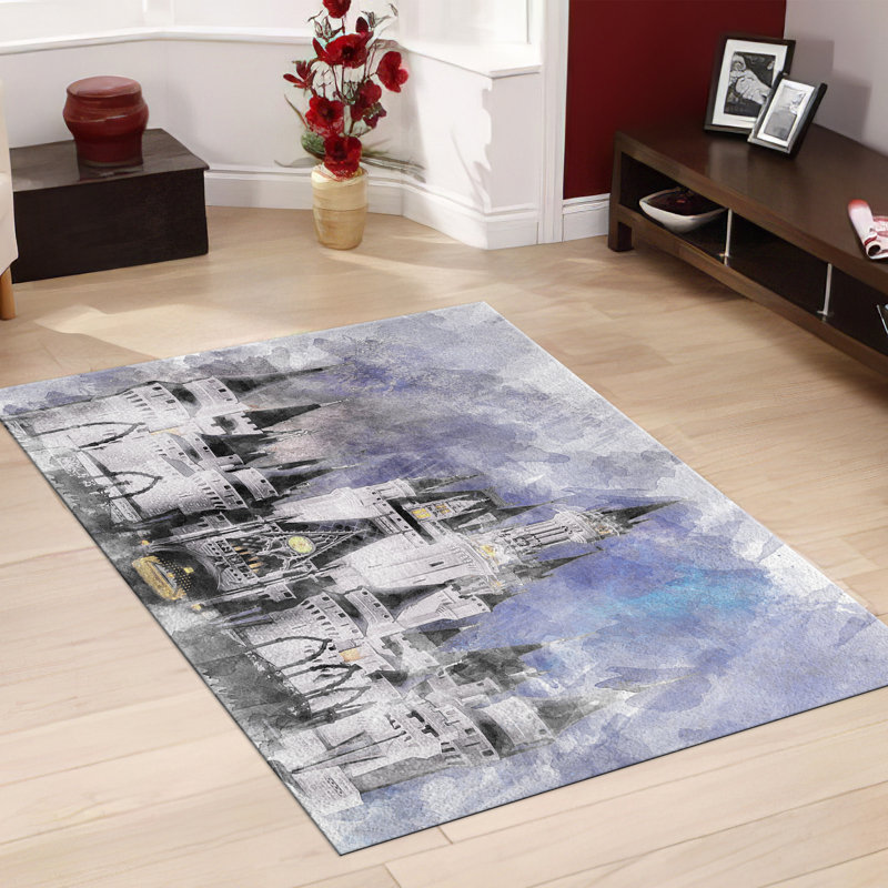 Cherry Blossom Design Printed Rug in Light Blue and Pink Tones for a Touch of Nature and Elegance in Your Living Space