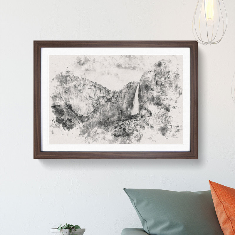 Waterfall In Yosemite Watercolour - Framed Print, 35cm H x 50cm W x 2cm D, Walnut