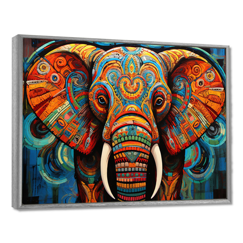 Éléphant Tribal Majesty - Éléphant, art mural, H 24 po x l 32 po x P 1 po, Encadrement argenté