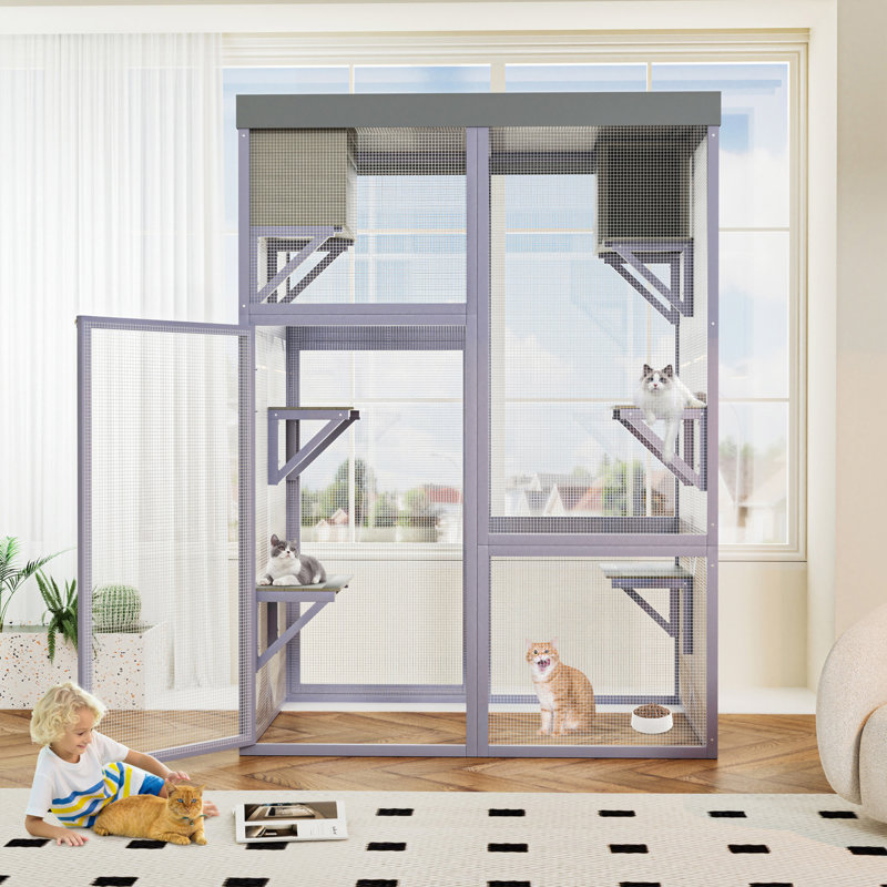Enceinte d'extérieur multifonctionnelle en bois pour chat, 4 plateformes et 2 maisons pour faire la sieste, 2 serrures robustes, conception de coin arrondi, cage intérieure spacieuse pour les chats