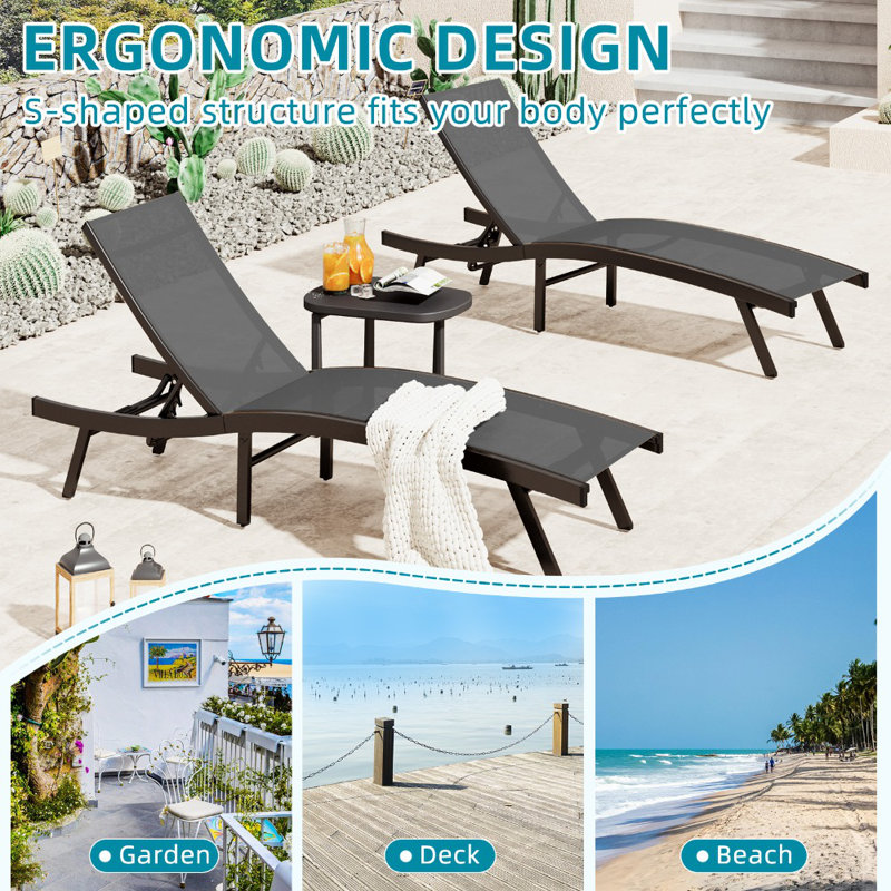 2 PCS All Weather Pool Lounge Chairs Ergonomic Design With Adjustable Backrest, Gray