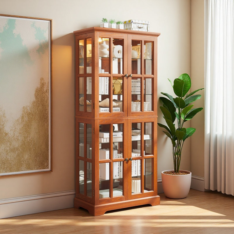 Vintage Curio Display Cabinet With Glass Doors - Antique Showcase For Collectibles, Four Adjustable Shelves, Dark Oak