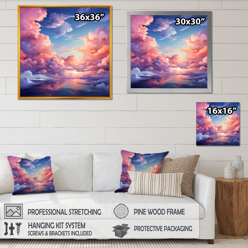 Rose et bleu calme aquarelle ciel II - fruits, art mural, H 30 po x l 30 po x P 1,5 po, Cadre flottant brun