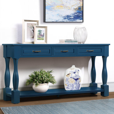 Console d'entrée de 160 cm avec 3 tiroirs et une étagère. Bleu marine, structure en bois massif, grand espace de rangement, montage facile pour l'entrée, longueur 160 cm. Pieds, rangement, facile à assembler