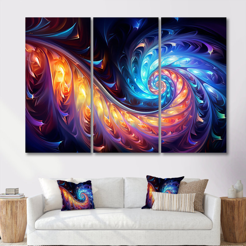 «Vibrant Fractal Glow Journey - Abstract Spirals», ensemble d'art mural, Toile tendue, H 32 po x l 48 po x P 1 po