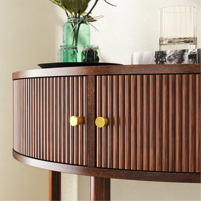 Artisan-Crafted Wave-Pattern Demi-Lune Console Table With Dark Gray Finish,Unique Half Moon Design End Table With 2 Storage Drawers And Bottom Shelf For Living Room, Bedroom, Study, Hallway