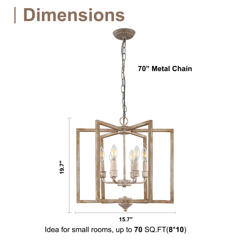 15.7" Rustic Wood Chandelier Caged 6-Light Pendant Light with Candle-Style Light Base and 70" Adjustable Chain for Dining Room Kitchen Island