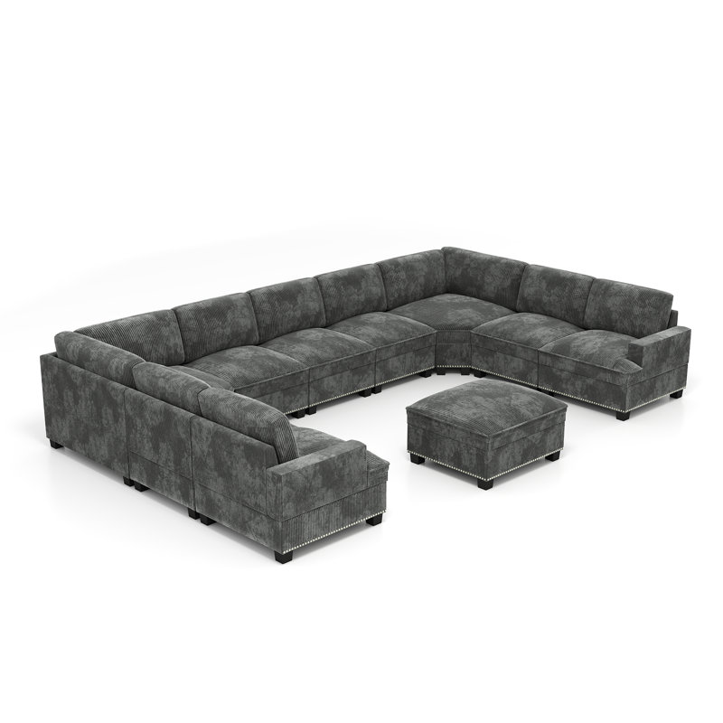 Spacious 10-Piece U-Shaped Corduroy Nailhead-Trimmed Sectional Sofa, Cloud Couch With Ottoman, Gray Corduroy