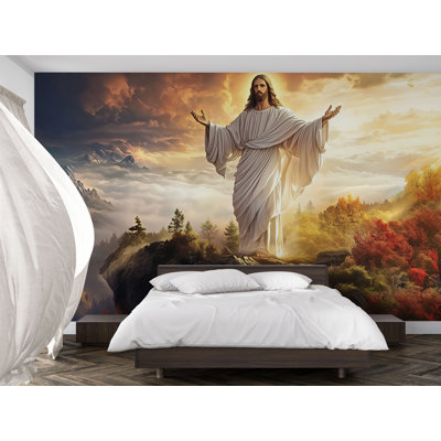 Jesus On The Mountain Wallpaper With Glorious Sky And Autumn Colors, Christian Inspirational 3D Mural For Living Room, Church, Or Faith-Themed Spaces