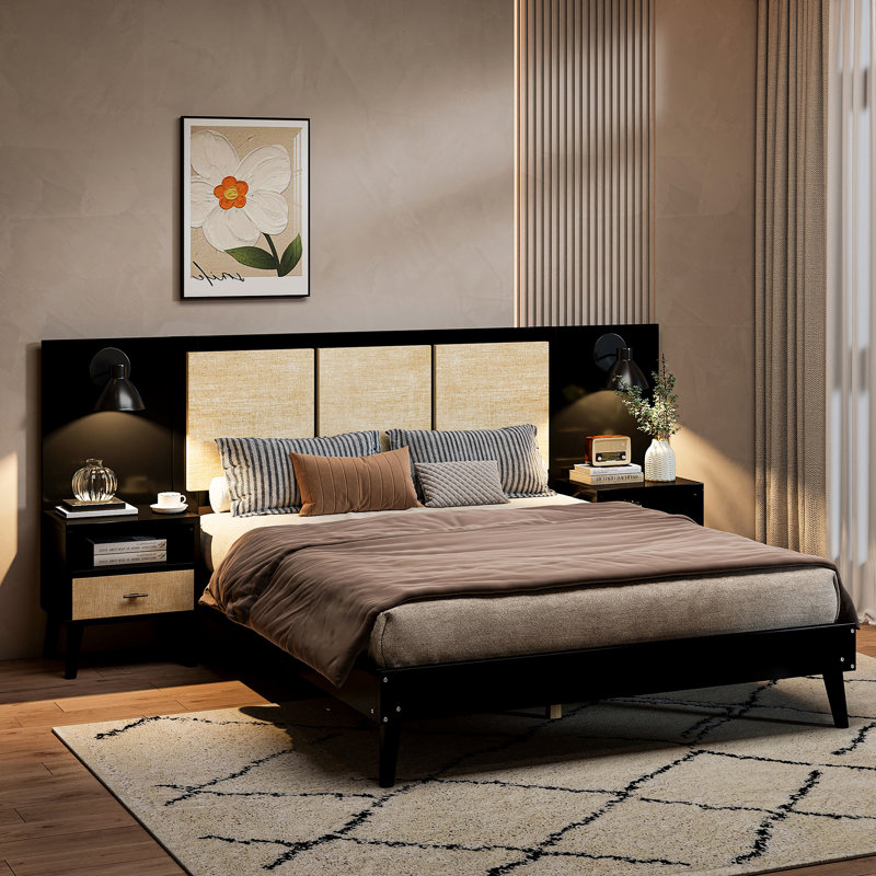 Grand cadre de lit noir avec bois massif, 2 tables de chevet et lampes intégrées, noir pour une chambre à coucher moderne. Fabrication, pièce élégante